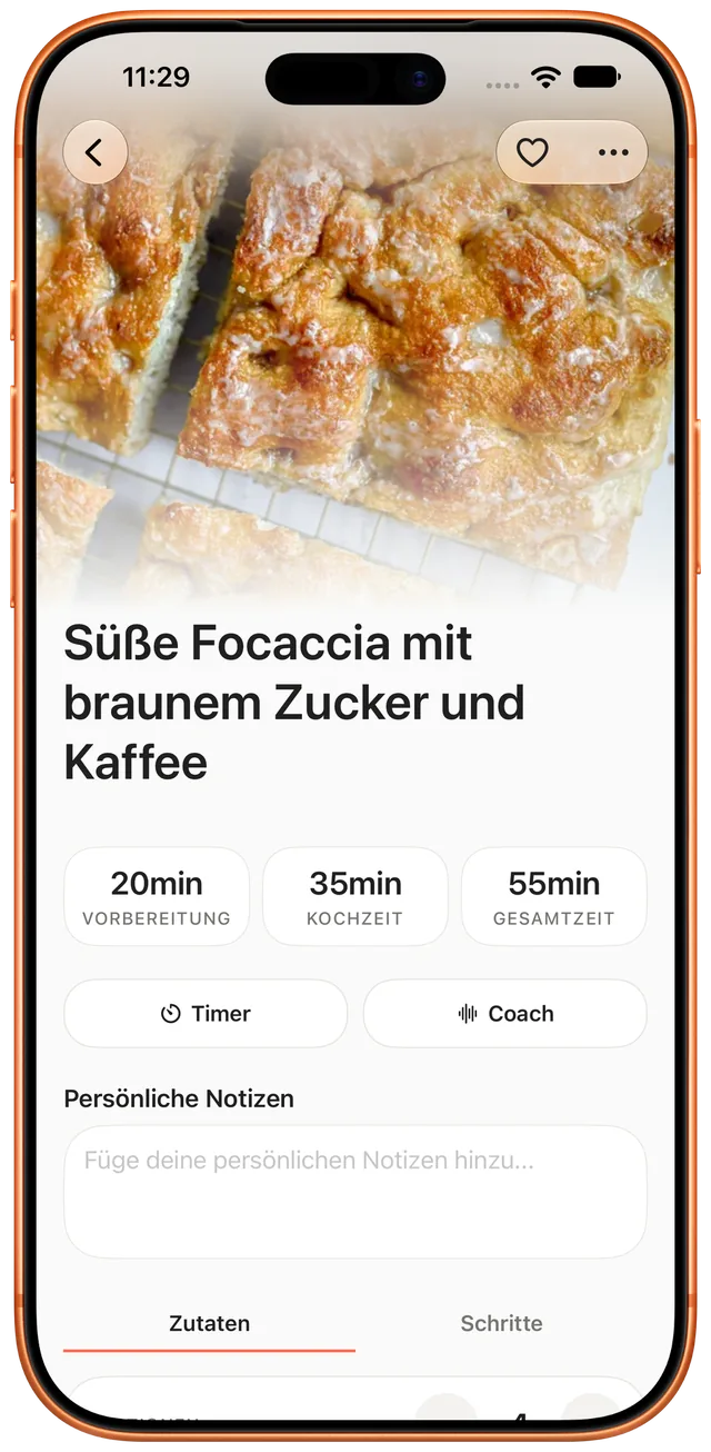 Rezeptdetail mit Zutaten und Schritten