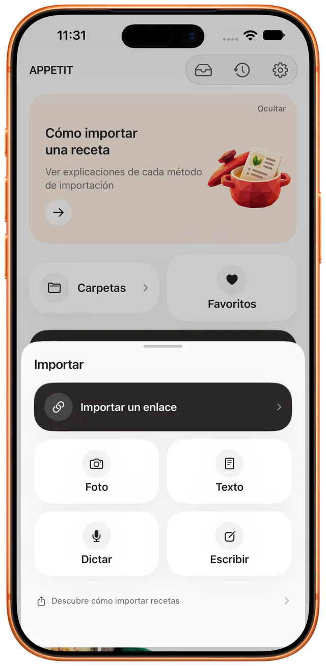 Importar una receta desde un enlace, foto, texto o dictado