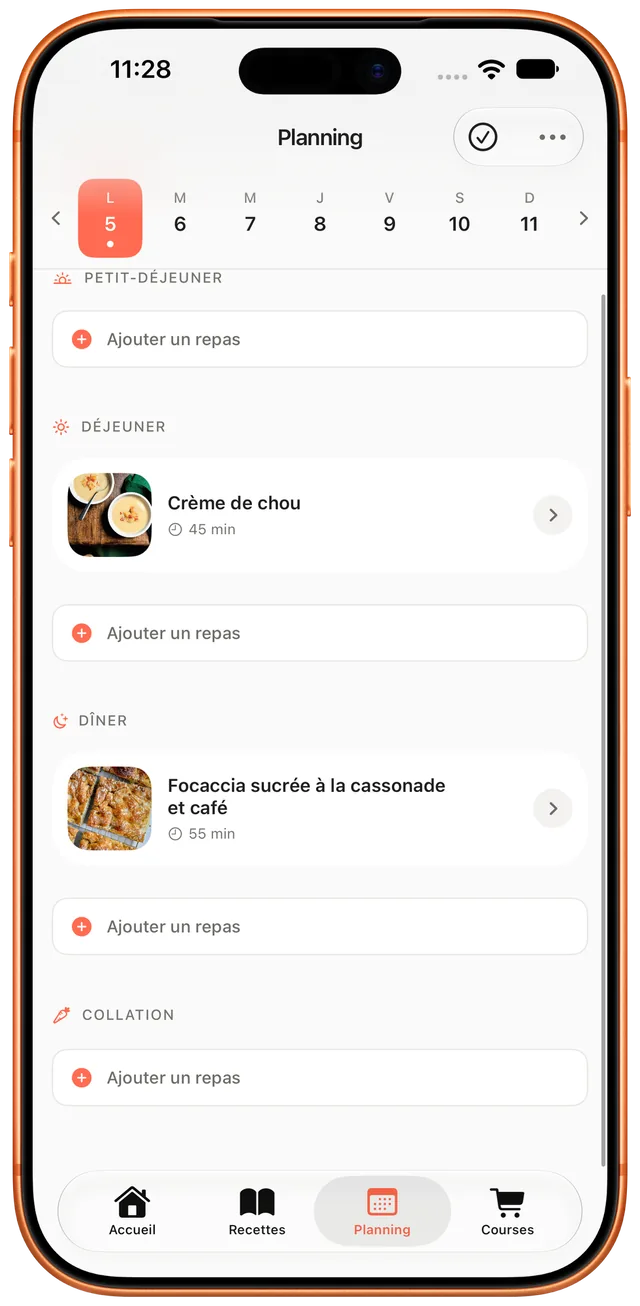 Planning des repas de la semaine