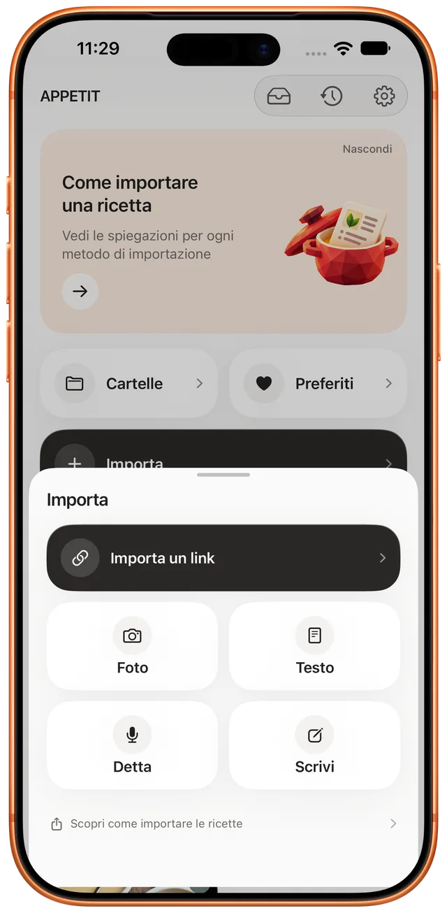 Importa una ricetta da link, foto, testo o dettatura