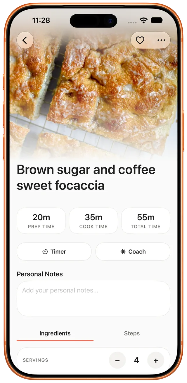 Detalhe da receita com ingredientes e etapas